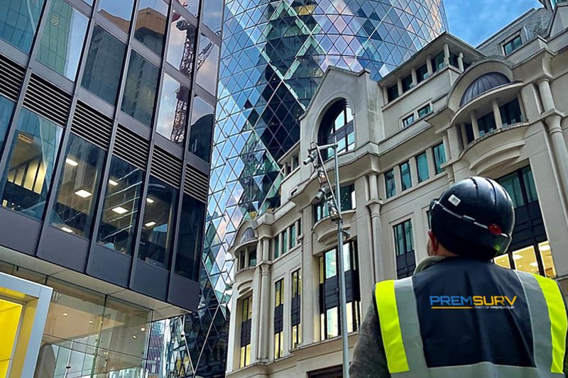Surveyor in London gazing up at impressive skyscrapers.
